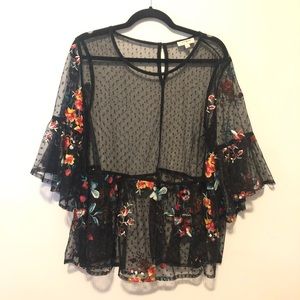 Umgee Embroidered Floral Swiss Dot Sheer Top Large